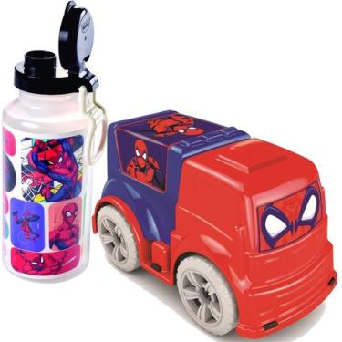 Imagem de Kit Garrafa Homem Aranha 600ml Carrinho Brinquedo Infantil - Plasutil