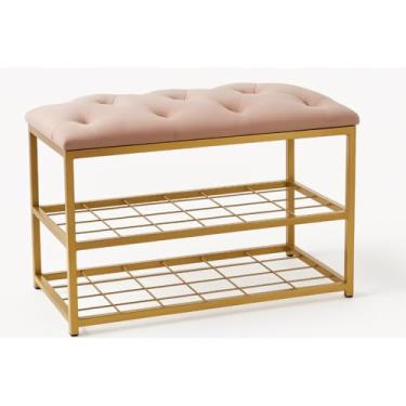Imagem de Banco Sapateira 2 Andares Metal Dourado com Estofado Veludo Reforçado Puff(47x30x60cm)(rosa bebe)