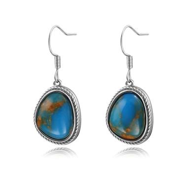 Imagem de Brincos femininos de quartzo rosa/ônix preto/turquesa de cobre, turquesa, brincos de aço inoxidável com pingente de pedra preciosa, Aço inoxidável, turquesa sintética