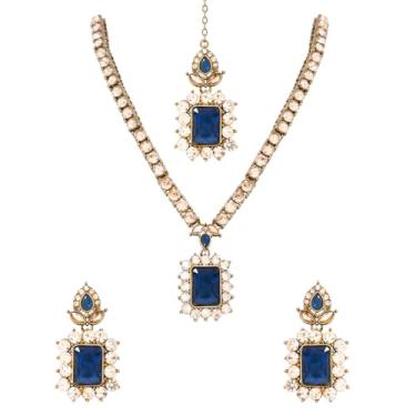 Imagem de I Jewels Colar de diamante de cristal banhado a ouro com brincos e conjunto de joias Maang Tikka para mulheres (IJ412MO)