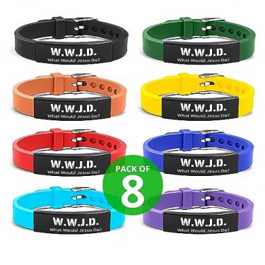 Imagem de FIMILOVE|Pulseiras WWJD - Pulseiras What Would Jesus Do Pulseiras de Silicone Ajustadas de Aço Inoxidável Presentes Cristãos, Small, Aço inoxidável, Sem pedras preciosas