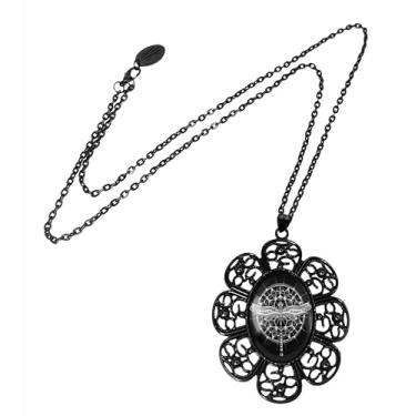 Imagem de Colar de libélula - Art Nouveau ornamentado, pingente esotérico, joia mandala, moldura de filigrana preta, corrente de 61 cm - 125-2-JBFN, grande, metal, sem pedra preciosa