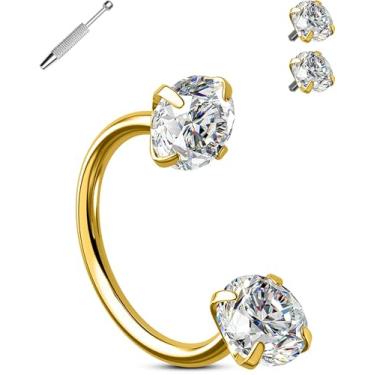 Imagem de OUFER Anéis de nariz dourados em ferradura, anéis de nariz roscados internamente de 20 g para mulheres e homens, aço cirúrgico 316L duplo brilhante zircônia cúbica transparente, piercing de orelha