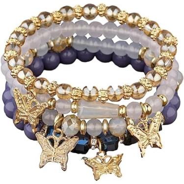 Imagem de Pulseiras femininas modernas de borboletas elásticas com contas hipoalergênicas empilháveis acessórios de moda joias presentes, One Size, liga metálica, Sem Pedra Preciosa
