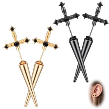 Imagem de ElevateTech Brincos vintage de espada gótica, 2 pares de brincos de adaga de strass, acessórios de joias divertidas, estilo punk, brinco de espada, zircônia cúbica, festa de Halloween, presente maluco