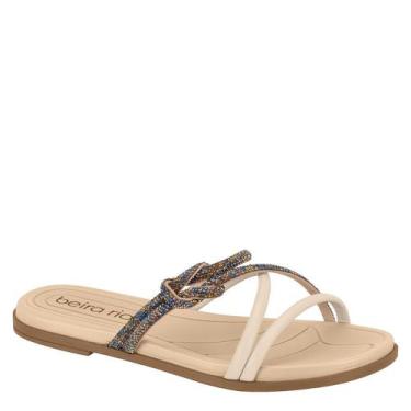 Imagem de Tamanco Feminino Flat  Conforto Brilho Beira Rio 8507.112, Azul, Creme