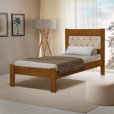 Imagem de Cama de Solteiro de Madeira Castanho Viena com Cabeceira Estofada Veludo Bege