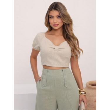 Imagem de Cropped de Linho com Laço nas Costas e Decote Coração - Lumia, Bege, P