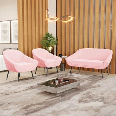 Imagem de Kit 01 Namoradeira 02 Lugares e 02 Poltronas Giovana Suede Rosa Bebê P