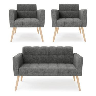 Imagem de Kit 1 Sofá Namoradeira E 2 Poltronas Elisa Linho Grafite A26 Pés Palito Natural - D'rossi