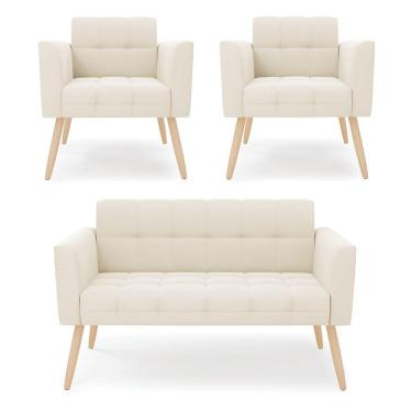 Imagem de Kit 1 Sofá Namoradeira E 2 Poltronas Elisa Veludo Pés Palito Natural - D'rossi Cor Bege