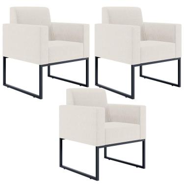 Imagem de Kit 03 Poltronas Base Fixa De Metal Helô L02 Linho Cru