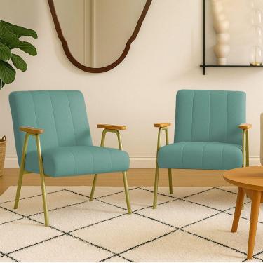 Imagem de Poltrona Sala Decorativa Industrial Dourado Kit 2 Laurita Linho K01 - D'rossi Cor Verde Menta