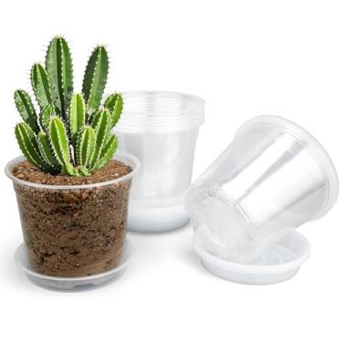 Imagem de DUNPUTE Pacote com 20 vasos de berçário transparentes de 10 cm com drenagem e pires, vasos de plástico transparente para plantas, vasos de sementes flexíveis para suculentas, ervas pequenas, flores