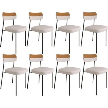 Imagem de Kit 8 Cadeira Estofada Sala Jantar F01 Linho Bege Caramelo