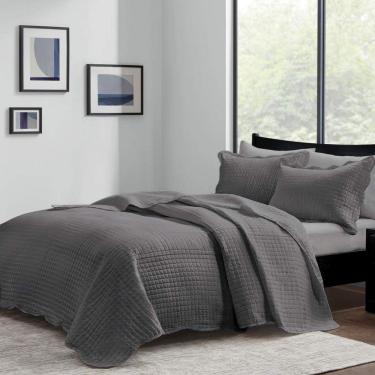 Imagem de Kit Cobre Leito Casal Milão Liso + 2 Porta Travesseiros Geometrico Chumbo