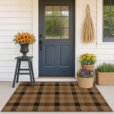 Imagem de JTJ Tapetes neutros para varanda externa 7,5 x 12,7 cm - Tapete xadrez marrom de juta fácil para entrada, cozinha, sala de estar pequena, decoração rústica de terra e café