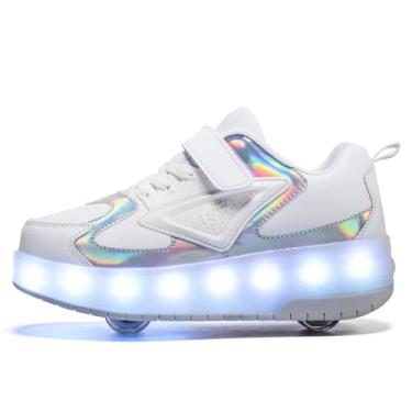 Imagem de Yogeeft Tênis infantil com rodas – Tênis de patins 4 em 1 com luz recarregável por USB para presentes de festa de Halloween na escola, Fc-branco, 17