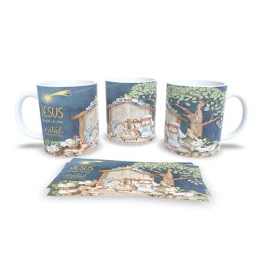 Imagem de Caneca Natalina Família Feliz, Porcelana Branca com Design Preto e Dourado, Decoração de Natal com Mensagem em Português (12794)