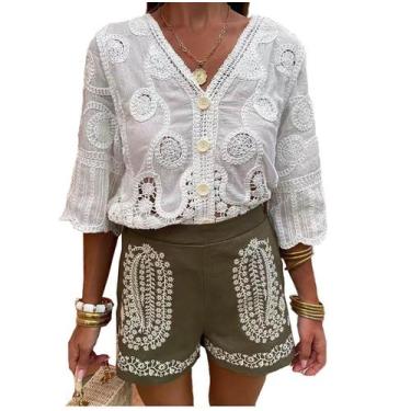 Imagem de Blusa Brewee feminina de verão 2024 com renda oca e decote em V