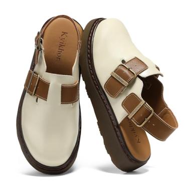 Imagem de KYIKHOR Mocassins femininos de couro com fivela ajustável | Mocassim feminino confortável sem cadarço | Mocassim leve para mulheres, Bege, 35