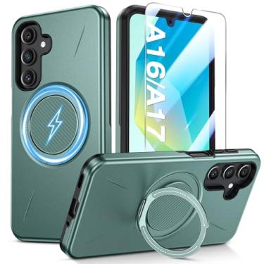 Imagem de Capa para celular Samsung Galaxy A16/A17 5G com anel de suporte de 360° e protetor de tela de vidro temperado [compatível com MagSafe], capa amortecedora à prova de choque de policarbonato e TPU de