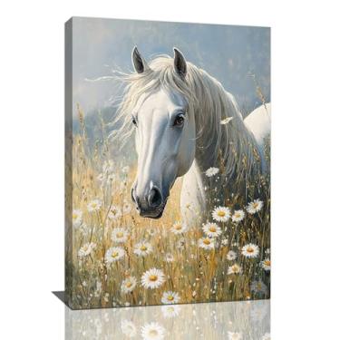 Imagem de Spaexor Arte de parede em tela de cavalo, decoração de parede de cavalo branco entre flores, pinturas de animais para sala de estar, quarto, escritório em casa, 61 x 40 cm