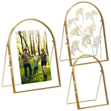 Imagem de Moldura de vidro, 3 peças dupla face, suporte de metal arqueado de latão, tamanhos variados, para flores prensadas, fotos, presente, mesa para exibição de imagens