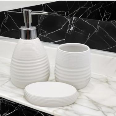 Imagem de Kit Lavabo Banheiro 3 Peças Cerâmica Com Porta Escovas Sabonete Líquido Saboneteira Preto ou Branco(Branco)