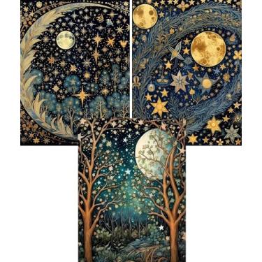 Imagem de Kits de arte de diamante vintage lua e estrelas para adultos, conjunto de 3 peças de arte de diamante botânico 5D, kit de pintura de diamante de broca completa faça você mesmo, pintura de diamante