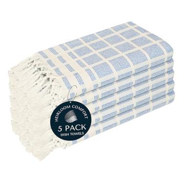 Imagem de HEIRLOOM COMFORT Toalhas de cozinha de matriz pontilhada azul celeste e branco, pacote com 5, 100% algodão, 40 x 66 cm, toalhas de prato com bordas de borla, reutilizáveis, macias, de secagem rápida