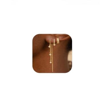 Imagem de Brincos femininos delicados de corrente de ouro – Conjunto de brincos longos hipoalergênicos banhados a ouro 14K com zircônia cúbica, argola empilhável e joias (3 peças), dangle earring, Latão, Sem