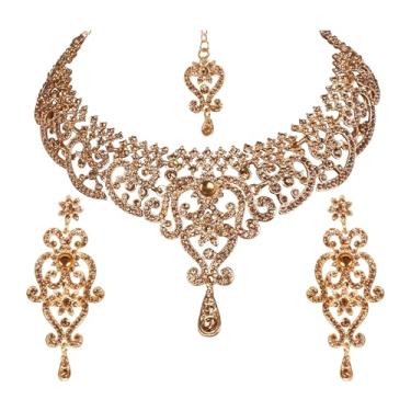 Imagem de Touchstone Conjunto de joias indianas para mulheres bollywood joias de ouro roupas de casamento conjuntos de colar brincos de noiva maang tikka fantasia chique meninas grandes acessórios desi strass