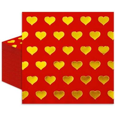 Imagem de JarThenaAMCS Guardanapo de papel descartável para dia dos namorados, 100 peças, folha de ouro vermelho, coração, para decoração de festa de casamento no dia dos namorados