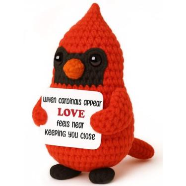 Imagem de Memorial Cardinal crochê pássaro vermelho de pelúcia com cartão de mensagem - "When Cardinals Appear, Love Feels Near"- Presente de lembrança e simpatia para perda, meias de Natal para mãe, pai, avó