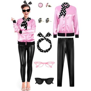 Imagem de SOMSOC 1950s Pink Satin Jacket with Pant Polka Dot Scarf Headband Earrings and Cat Eye Glasses Halloween Cosplay Costume Set