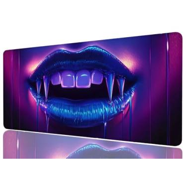 Imagem de Vampire Fangs Mouse Pad Estendido Cyberpunk Neon Anime Mousepad XL Grande Gaming Mouse Pad Laptop Tapete Teclado Mesa Escritório Computador Teclado Laptop Casa, 31,5 x 11,8 polegadas