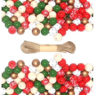 Imagem de Conjunto de contas de madeira de Natal 16 mm – 120 peças de contas de madeira multicoloridas com padrões de floco de neve e cordão de juta para guirlanda de férias e decoração de casa
