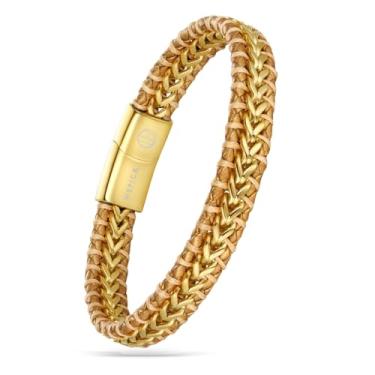 Imagem de WP WEPICK Pulseira masculina de couro trançado banhado a ouro 18 quilates para homens e mulheres Franco fecho de aço inoxidável joia presente 20 cm, 8.5 inch, Sem Pedra Preciosa