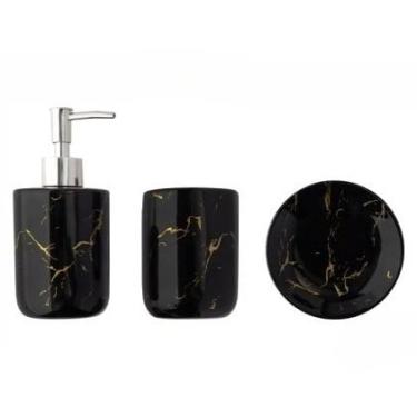 Imagem de Kit Banheiro 4 Peças em Cerâmica – Dispenser c/Bomba Cromada, 2 Porta-Escovas e Saboneteira Premium(Conj. Cerâmica - 3Pçs - Preto)