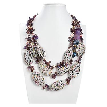 Imagem de URMIBDAI Colar com pingente de contas de turmalina pavê de 53 cm, 3 fios, ametista