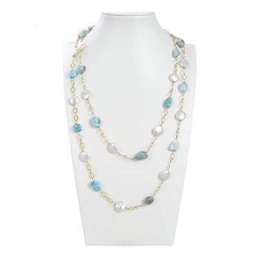 Imagem de Acessórios de moda joias 124,5 cm moeda de água doce pérola azul Larimar colar longo
