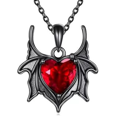 Imagem de LWQYD Colar gótico de coração com asa de morcego, corrente de metal preto com pingente de cristal vermelho
