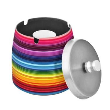 Imagem de Blueangle Cinzeiro listrado colorido do México com tampa para cigarros, à prova de vento/chuva, aço inoxidável, sem fumaça, inodoro, cinzeiro para uso interno ou externo (163)