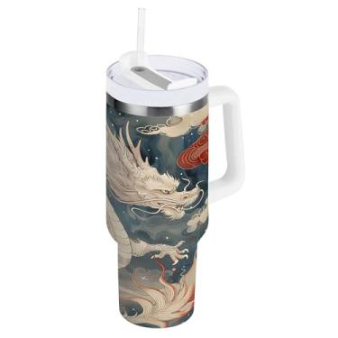 Imagem de xigua Copo vintage com estampa de dragão 1,134 g com tampa e canudo, aço inoxidável de vácuo duplo isolado garrafa de água esportiva suporte para copo de café de viagem à prova de vazamento para