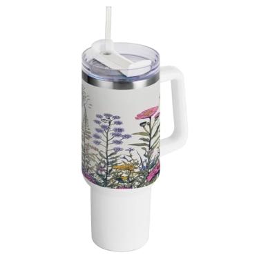 Imagem de xigua Copo vintage de flores silvestres de 1,134 g com alça e canudo, aço inoxidável duplo isolado a vácuo garrafa de água suporte de copo de garrafa de água amigável à prova de vazamento copo de