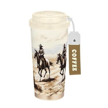 Imagem de SEHANY Caneca de viagem vintage caubói ocidental 482 g xícaras de café reutilizáveis revestidas de cerâmica com tampa à prova de vazamento, parede dupla, isolamento a vácuo, copo de café de aço