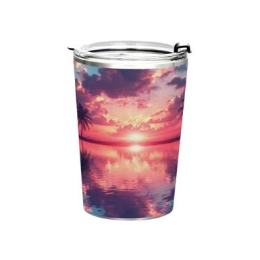 Imagem de Blueangle Copo de 340 g com tampa e canudo, copo de café com água isolada a vácuo de aço inoxidável, linda caneca de viagem com palmeiras nascer do sol, copo térmico para bebidas quentes e frias (756)