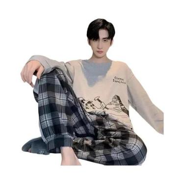 Imagem de Conjunto De Pijamas Masculinos De Manga Longa Em Xadrez Para Outono E 