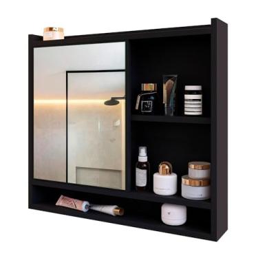 Imagem de Armário De Banheiro Aéreo Espelheira 1 Porta com Nicho, Espelho Armário Organizador para Parede, Nicho de Armazenamento para Produtos de Higiene(AQUA - PRETO)